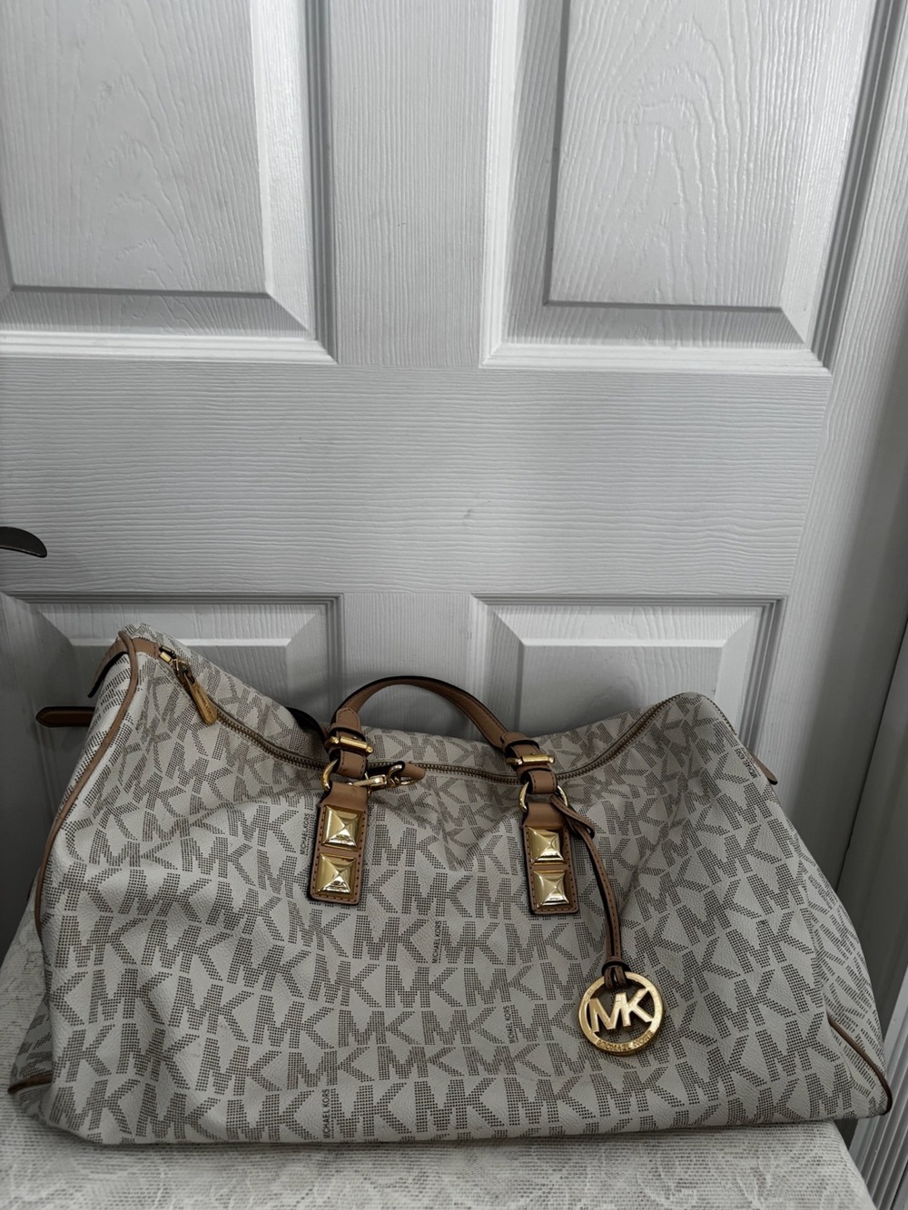 Michael Kors Cream and Tan Signature MK Tote with Gold Accents